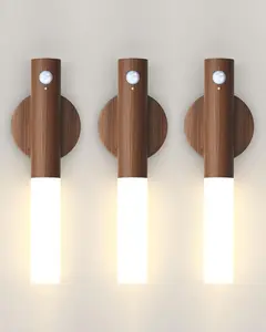 Renter Friendly Battery-Operated Motion Sensor Night Lights: 2200mAh Rechargeable Wall Sconces Magnetic Wall Lights Wireless Stairway Lights Portable Hallway Light Wooden Wall Lighting for Bedroom Stair Picture