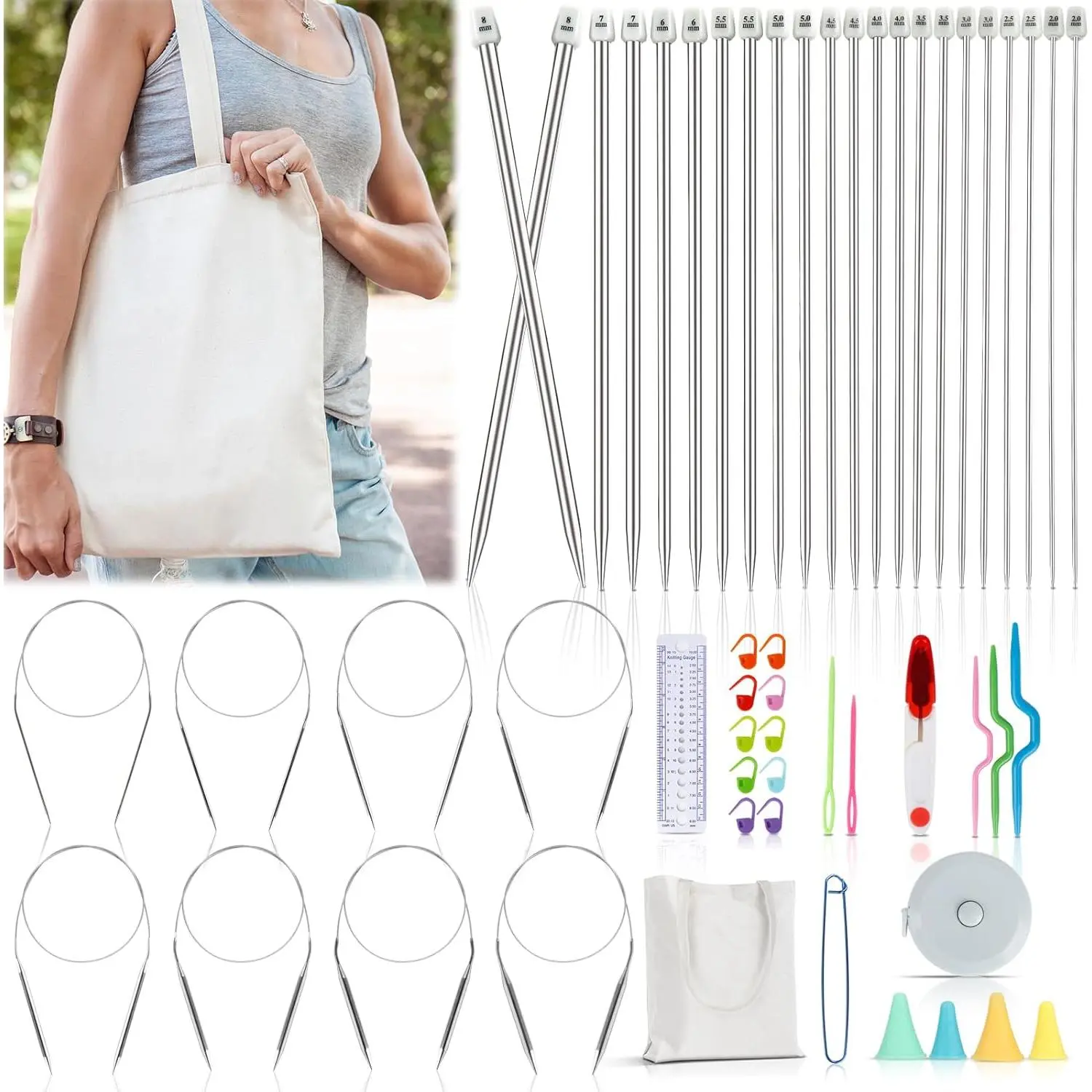 Knitting  Set for Beginners, 9 Pairs Circular Knitting  Set and 22 count Single Pointed Knitting  Set with Tote Bag Knitting Accessories Knit Supplies