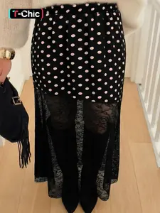 Hotapei Asymmetric Polka Dot Lace Patchwork Long Skirt, Womenswear, Spring & Fall Fashion, Thin Sheer Fabric, Fitted Elegant Half-Length Dress