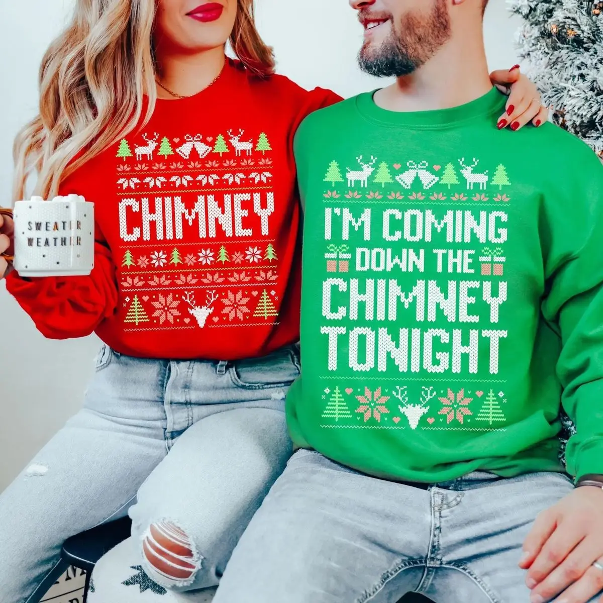 Unisex Funny Couples Ugly Christmas Sweater, Couples Matching Ugly Christmas Sweater, Santa Twice Sold Seperate, Unisex Long Sleeve Crewneck Womenswear Top