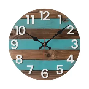 1pc Vintage Rustic Wood Texture Silent Wall Clock Teal Blue & Brown Stripes for Farmhouse Living Room Bedroom Kitchen Decor, Unique Home Gift, Living Room Wall Clock, Classic Numeral Display