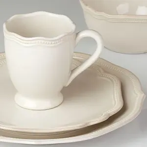 212 MAIN Sturdy Stoneware French Perle Bead White Dinnerware Set - 4-Piece Place Setting with Scalloped Edge, 12oz Microwave-Safe Stylish Drinkware Coffee Inclusions for Dining & Serving