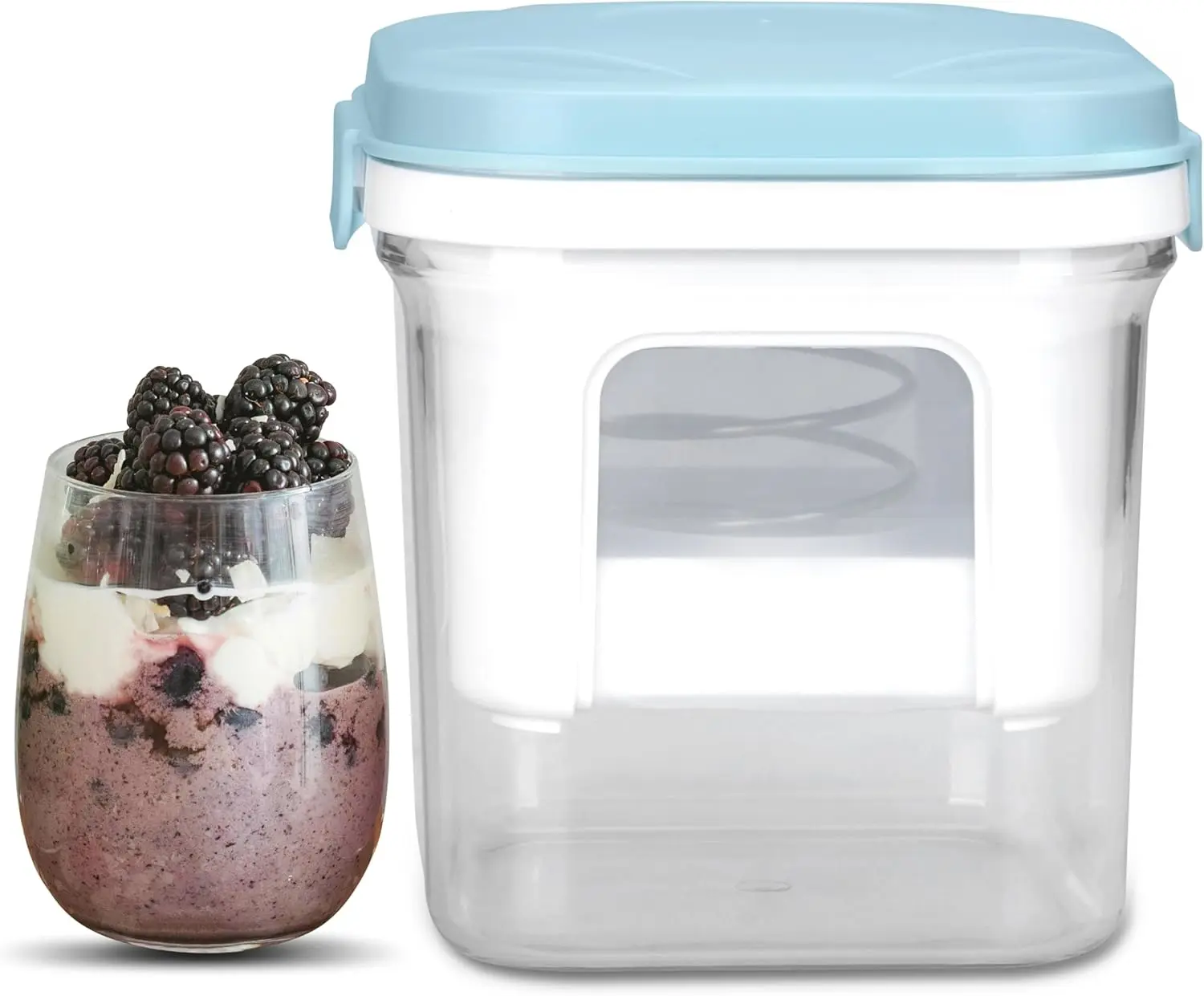 Party Desserts Greek Yogurt Strainer with Lid, Yogurt Maker, Yoghurt Filter with Ultra Fine Nylon Mesh Strainer & Pressure Filtration, 1.5Qt Thick & Creamy Greek Yogurt, BPA-Free, Aqua Blue