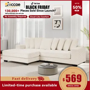 【3 Packages Shipping】 Niccae 111'' Modern L-Shaped Sectional Sofa with Chaise Daybed + Extra-Wide Lounge Couch + 8 Complimentary Gift Pillows, Perfect for Family Living Rooms or Apartments Corduroy Loveseat