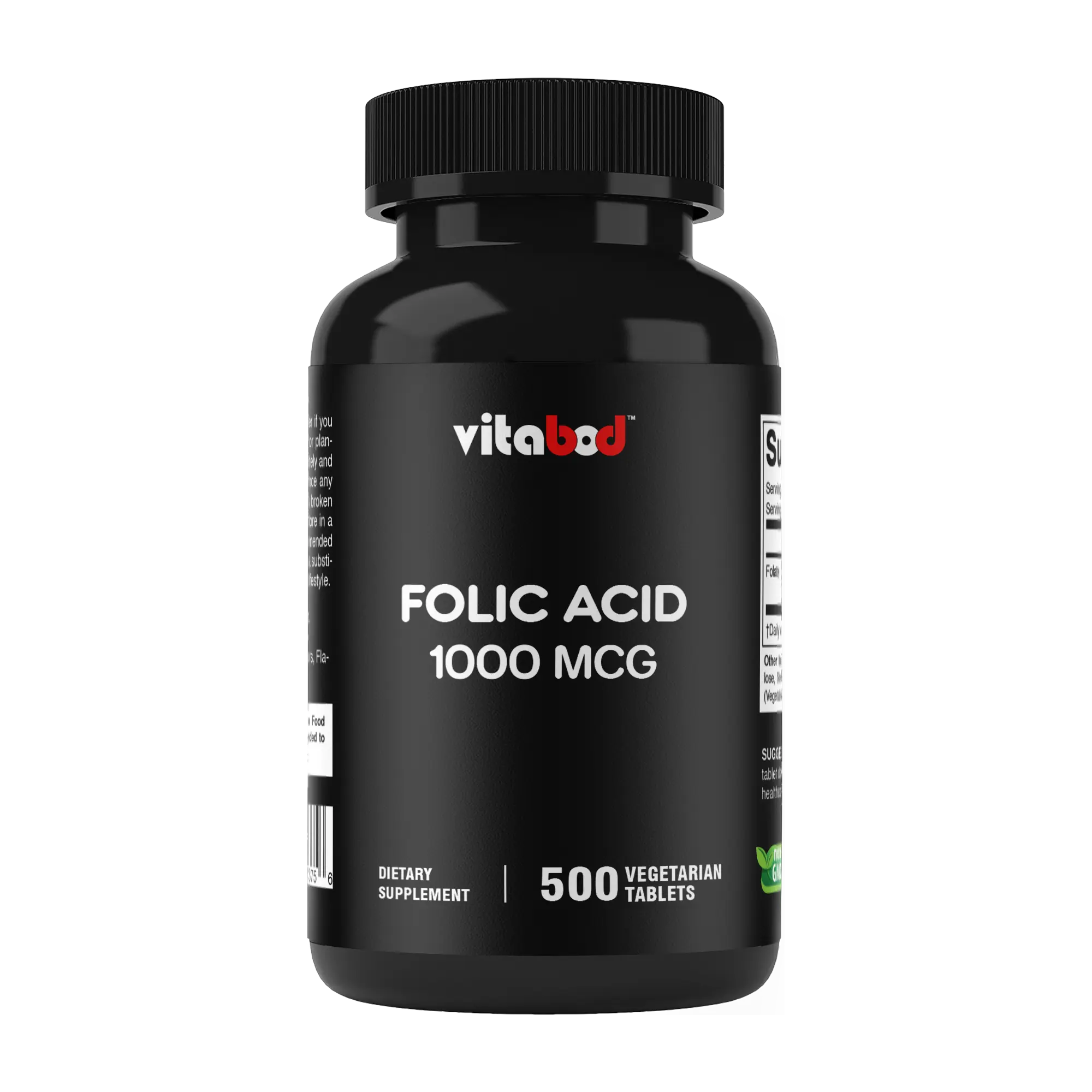 Vitabod Folic Acid 1000 mcg Vegetarian Dietary Tablets (500 Count) - Essential Vitamin B9, Energy Metabolism Supplement, Healthy Pregnancy Support, Non-GMO, Gluten-Free, Dairy-Free, Youth & Bone Health, Made in USA