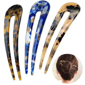 French Tortoiseshell U-Shape Hair Clip, Suitable for Fine and Thick Hair, 4.3 Inch Acetate Double Tooth Hairpin, Vintage Bun Accessory, 3 Pcs Set, Hair Decor