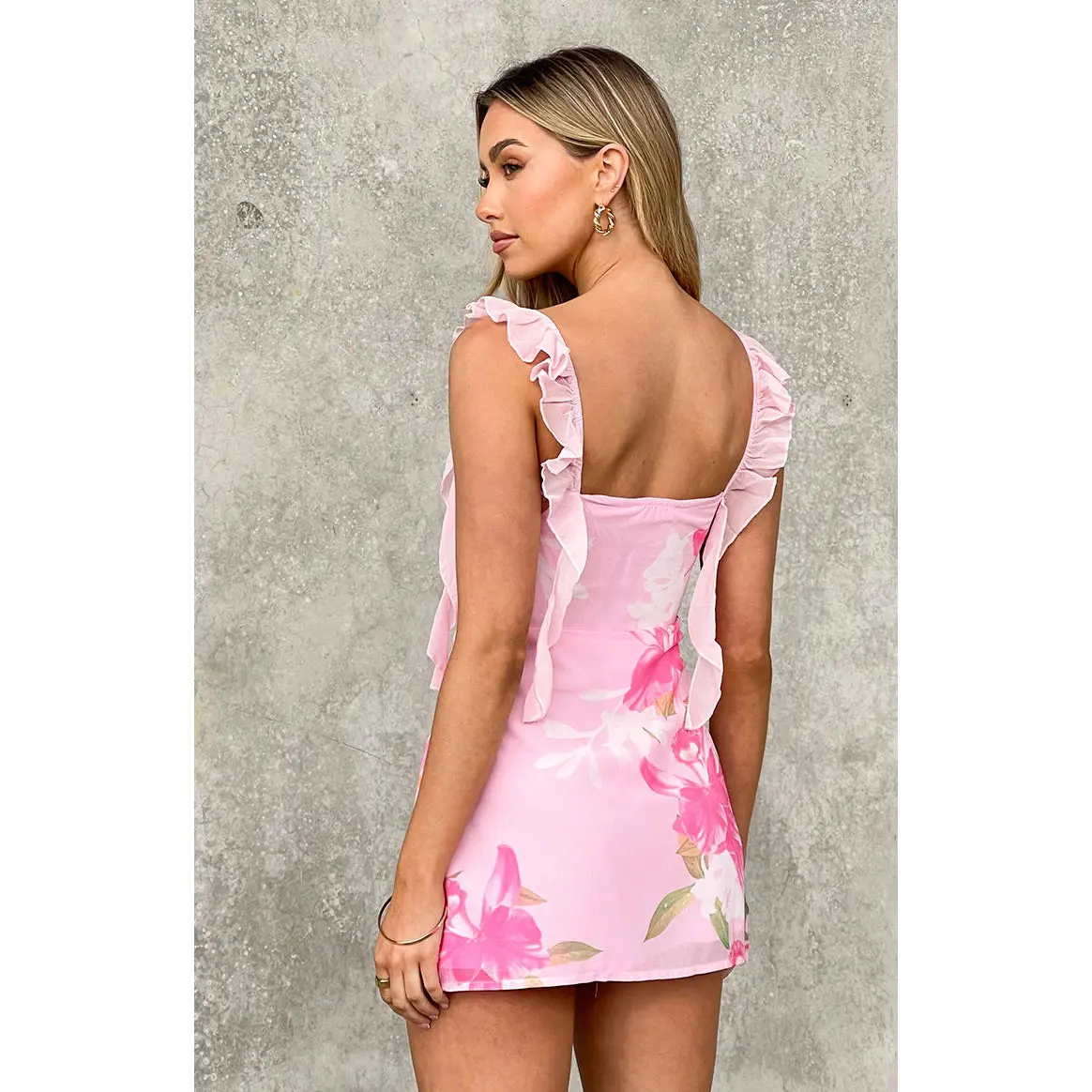 joyce pink floral mini dress Joyce Yellow and Pink Floral Print Chiffon Mini Dress  BELLA IN THE SKY