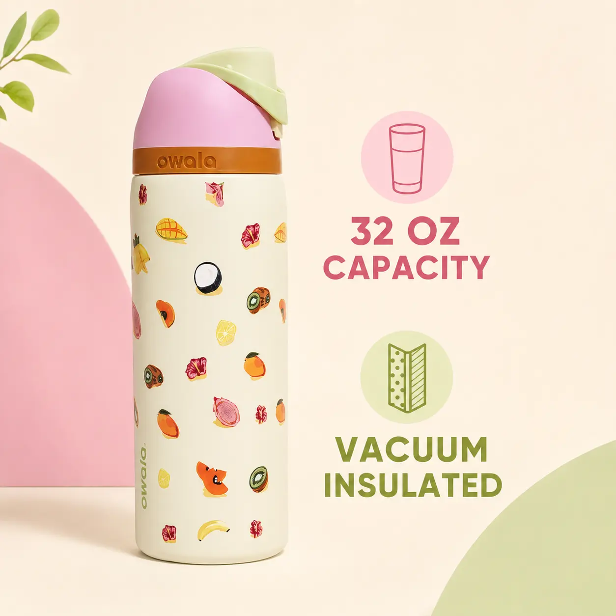 Owala 32 oz Fruit Party Insulated Stainless Steel Water Bottle with FreeSip Lid and Carry Loop, Leak-Resistant Reusable Bottle for Travel, Gym, Office and Outdoor Use