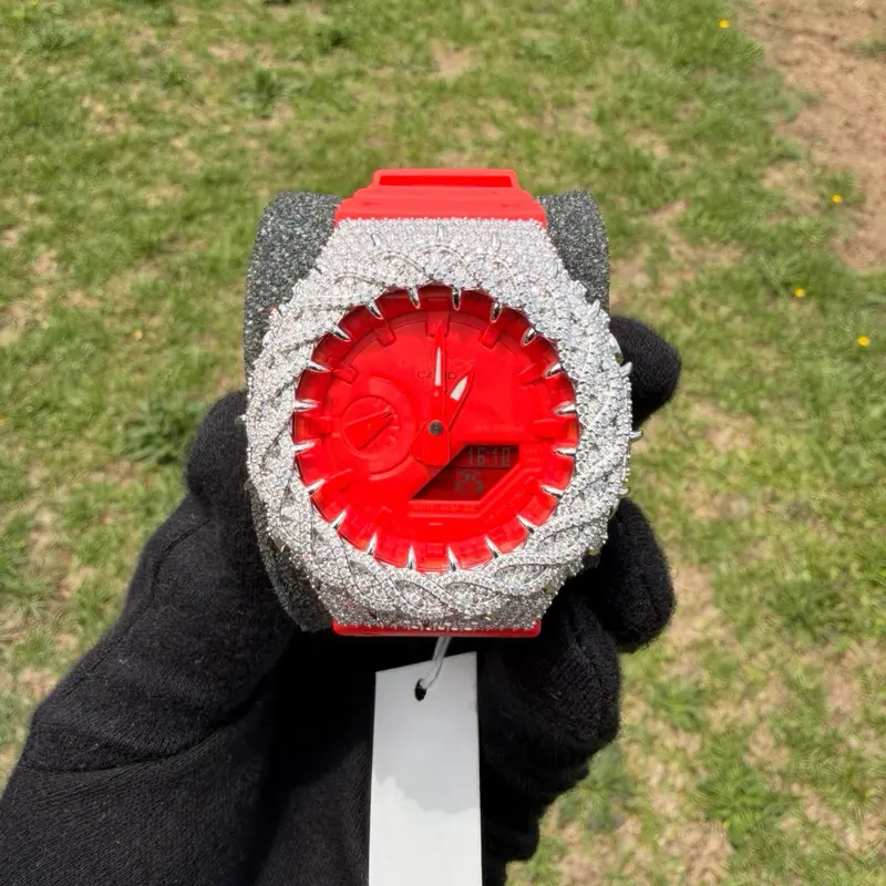 Custom Moissanite-Modified Casio G-SHOCK Watch – Red and Silver