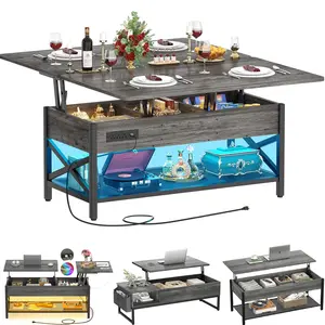 Lift Top Coffee Table Tea Table End Table with Storage Shelf ＆ Hidden Compartment ＆ LED Lights ＆ Power Outlets