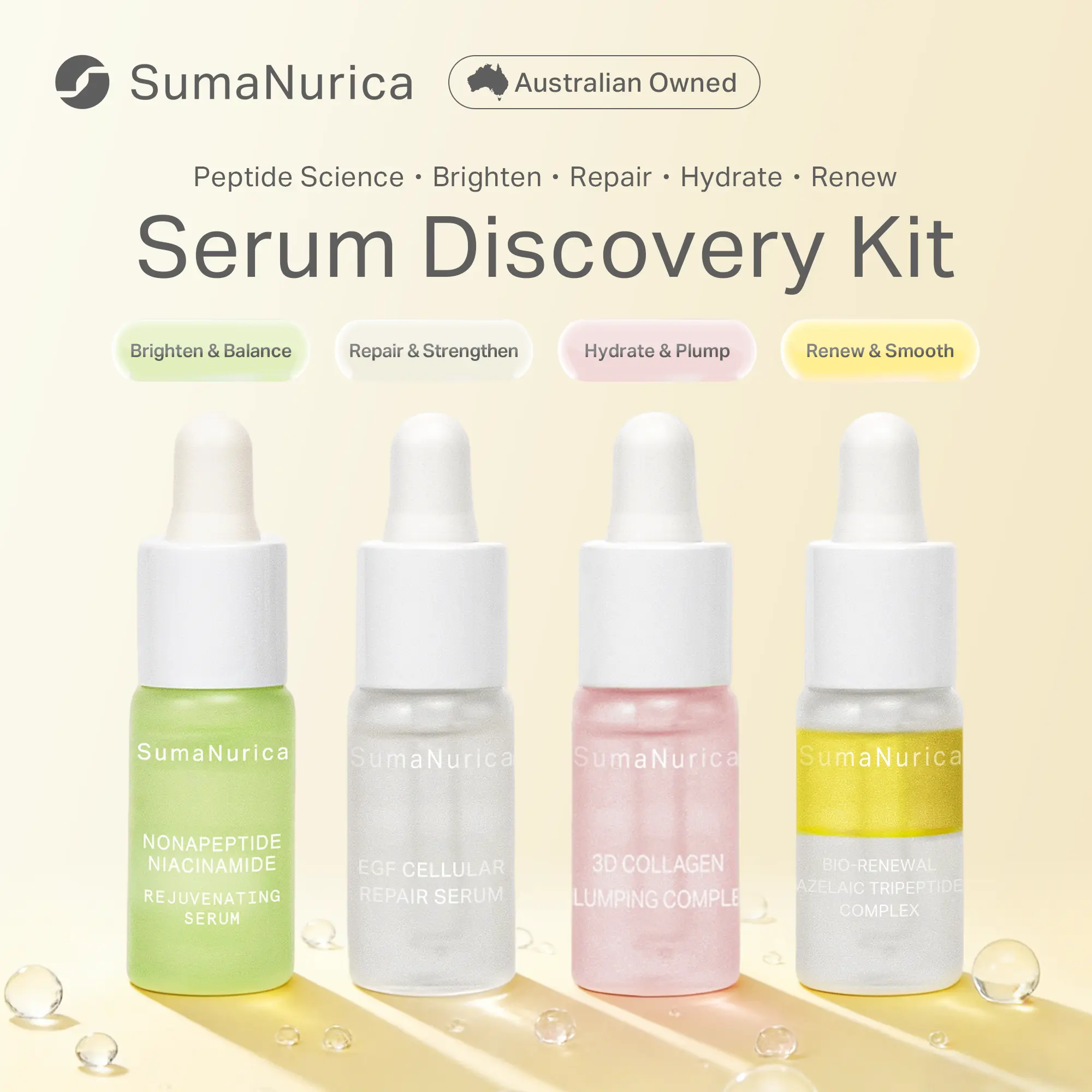 SumaNurica Regular Edition 4-Serum Set (4x5ml) - Fragrance-Free Anti Aging Concentrate Serums & Essences for Adults, Dark Spot Brightening, Skin Barrier Repair, Hydrating with Glycerin, Lecithin, Squalane, Saccharomyces Ferment Filtrate, SH-Oligopeptide-1