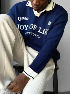 Unisex Striped Knit Polo Sweater Knitwear, Casual Loose-Fitting Long Sleeve Pullover, Fall & Winter Fashion, School Daily Wear