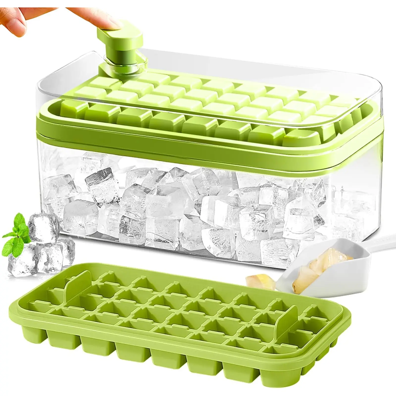 Green Plastic Cube Ice Tray Set (2 Trays, 64 Pieces) with Lid & Bin - Freezer Safe, Corrosion Resistant, Durable Kitchen & Bar Utensils for Organized Storage, Stylish Look