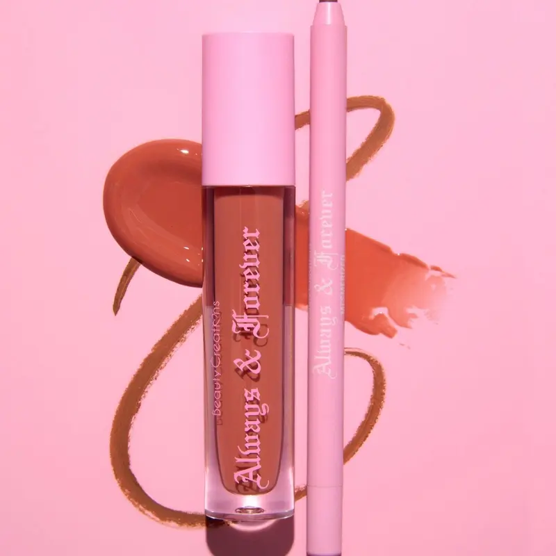 Beauty Creations Always & Forever Lip Kit Set - Warm Brown Liner (Mesmerize), Caramel Gloss (My Ride or Die) with Beeswax, Peach Notes, Mineral Oil, Everyday Selfcare Makeup Products for Lip Care