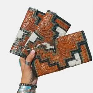 Texas Leather Westerm Wallet Cowhide Tooled - Tooled Leather Cowhide Bifold Wallet - Western Style Clutch with Card Slots - Long Wallet Checkbook - Gift Idea - Meaningful Gifts