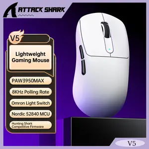 ATTACK SHARK V5 Wireless Gaming Mouse, 55g Ultralight 42000 DPI Mouse,Bluetooth/2.4GHz/Wired, PAW3950MAX Sensor,for Large Hand-White