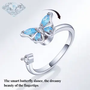 Personality Rotation Ring Blue Butterfly Ring Trendy Fashion Open Butterfly Micro Setting Ring Jewelry Design