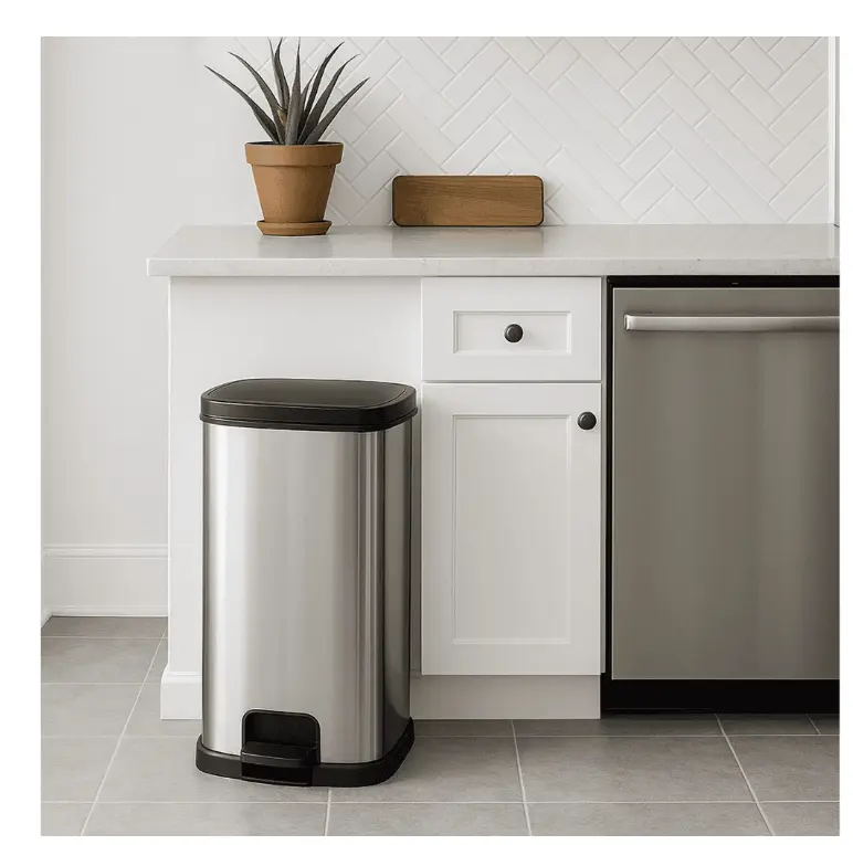 Kitchen Trash Can, 13.2 Gallon Plastic Step Garbage Bin with Lid, Silver