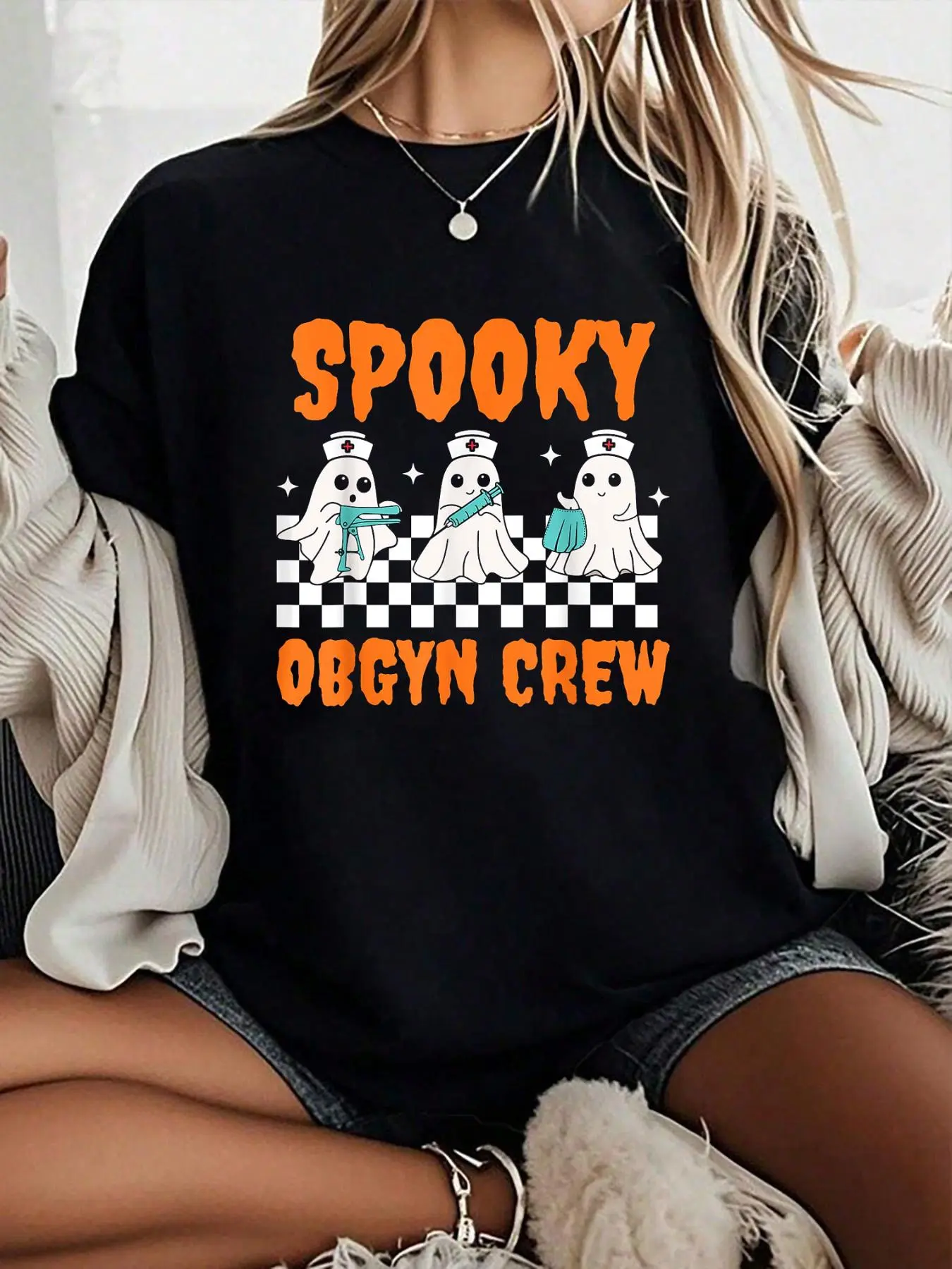 OBGYN Ghost Print Graphic T-Shirt for Women, Cute Retro 100% Cotton Top for Nurses, Comfy Relaxed Fit, Round Neck, Soft, Streetwear, Style, Tee, Tshirt, Vibe, Digital Print, Breathable, Casual, Everyday, Fabric, Short, All Seasons, Love, Custom-Made, Chec