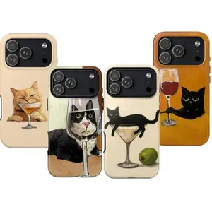 Funny Black Cat Phone Case Whimsical Watercolor Cat Art Shockproof Protective Cover For iPhone 11-17 Pro Max/Plus & Samsung Galaxy S23-S25