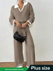 Women's Plus Size Womenswear V Neck Colorblock Sweater Set Tops, Casual Fashion Wide Leg Pants, Perfect for Daily Wear & Travel