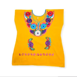 Women Mexican Fiesta Embroidered Marigold Blouse Size L