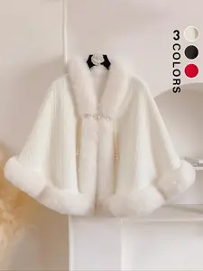 Women's Solid Color Contrast Faux Fur Cape Shawl, Casual Warm Shawl for Fall & Winter, Fashion Accessories for Daily Wear, Soft Warm Shawl