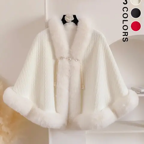 Women's Solid Color Contrast Faux Fur Cape Shawl, Fashion Neck Shawl, Casual for Fall & Winter, Autumn Shawl, Fashion Accessories for Daily Wear
