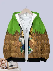 Boys Hooded Zipper Sweatshirt, Cool Pixel Style, Boom Graphic, Fall & Winter Pocket Jacket, Kids Fashion Long Sleeve Top
