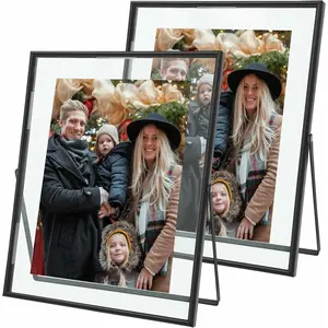 8x10 Floating Frame Set of 2, Black Picture Frame Hold 8x10in 6x8in 5x7in Photo for Tabletop, Glass Finish,Vertical Metal Stand Frame