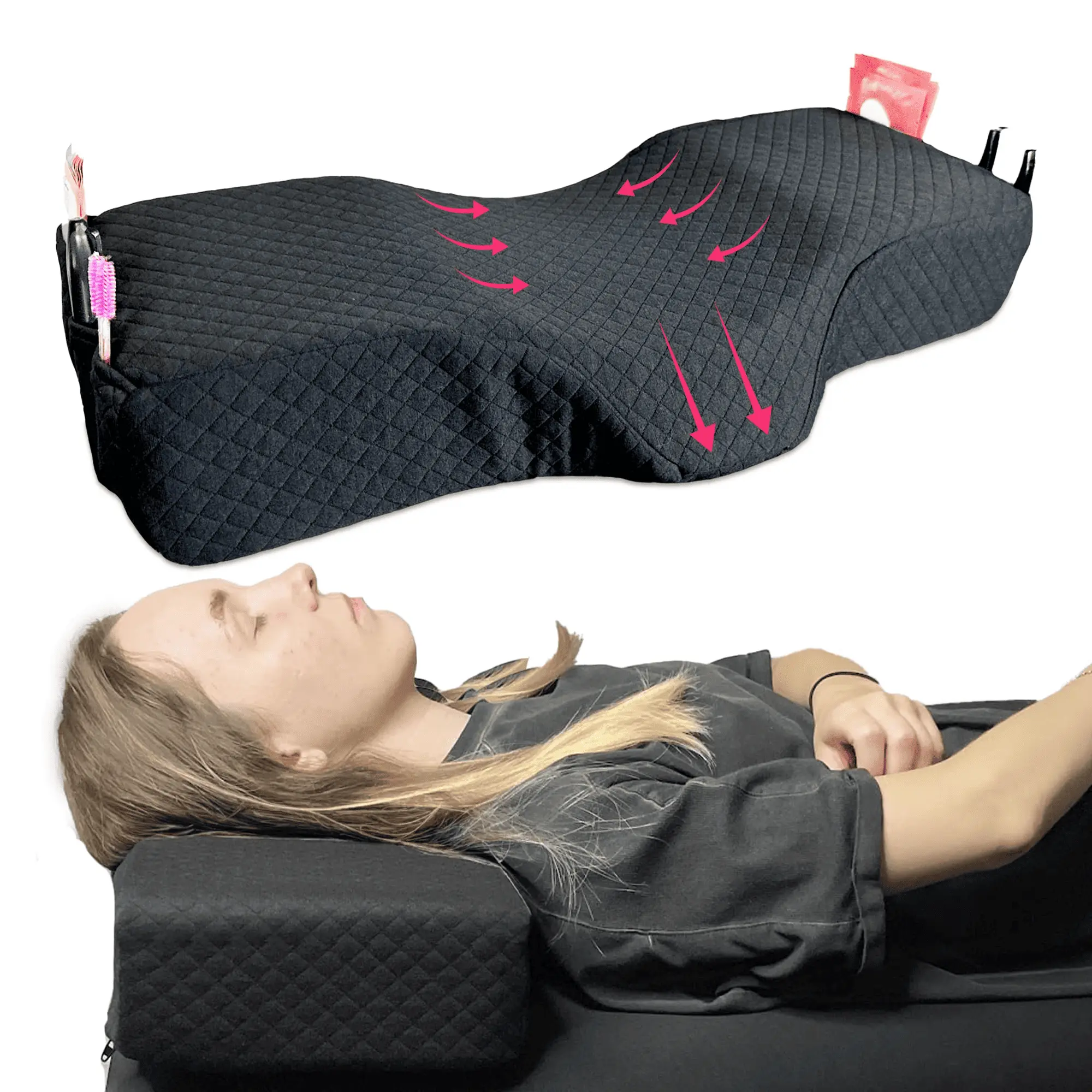 Pillow for Eyelash Extensions - Curved Lash Bed Pillow with Neck and Back Support, Pillow for Eyelash Extensions, Two Pockets for Tools On The Sides of Pillow - Black (New Type)