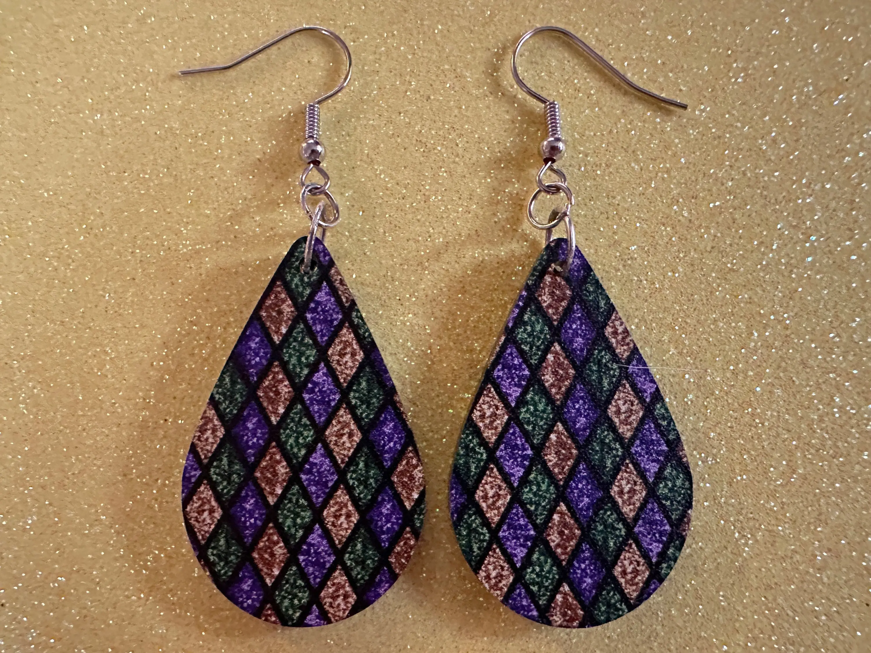 Mardi Gras Earrings: Laser Cut Acrylic Carnival Earrings, Gold, Green Earrings, New Orleans, Fleur-de-lis, Gifts for Her/Him/Them