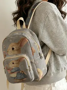 1 piece of 2D printed lady's backpack with a pattern of a rabbit holding flowers, velvet texture + layered storage + light weight reduction | Suitable for students to go to class/shopping/short trips | Combines atmosphere and practicality