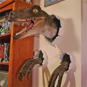 Realistic 3D Velociraptor Wall Mount Decor Set - Resin Dinosaur Head & Claws Breaking Through Wall Sculpture - Cool Home Statement Piece & Unique Gift