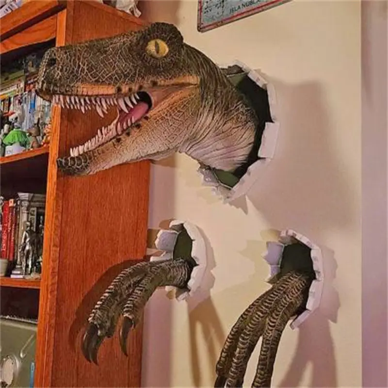 Realistic 3D Velociraptor Wall Mount Decoration Set - Resin Dinosaur Head-Claws Breaking Through Wall Sculpture, Realistic Hanging Interior Decor, Unique Home Statement Piece & Gift