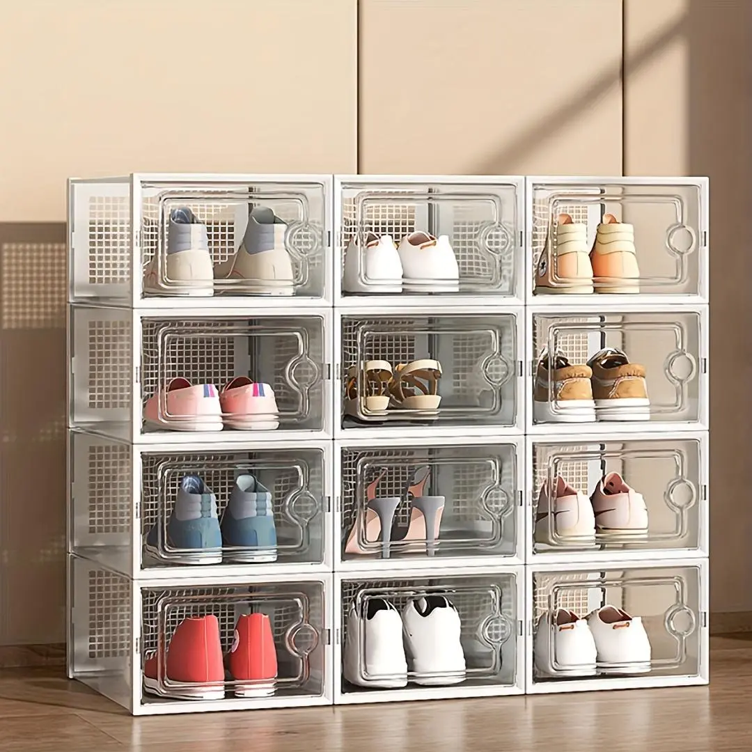 12 pieces double frame thickened transparent shoe box plastic basketball shoe box storage artifact foldable shoe box Collapsible Storage Boxes
