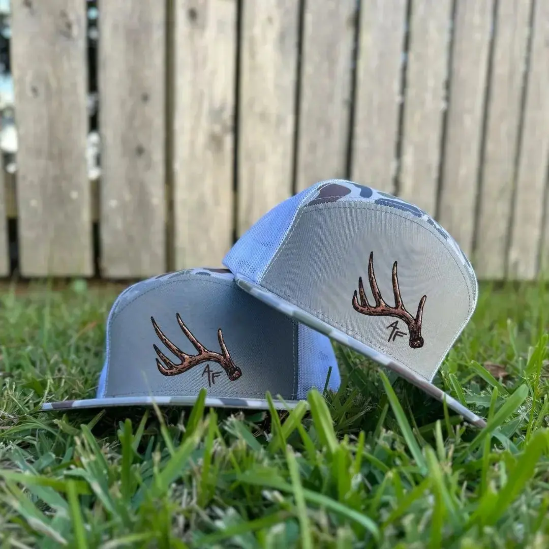 The Antler AF Embroidered Hat, 7 Panel Bottomland Style Camo Snapback, Vintage Hunting Trucker Cap, Adjustable Mesh Back Deer Hunting Hat, Outdoor Gift for Hunters