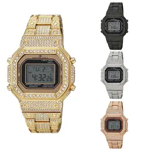 MEN'S DIGITAL WATCH ICED STAINLESS STEEL BLING SIMULATED DIAMOND METAL BAND DATE ALARM LIGHT