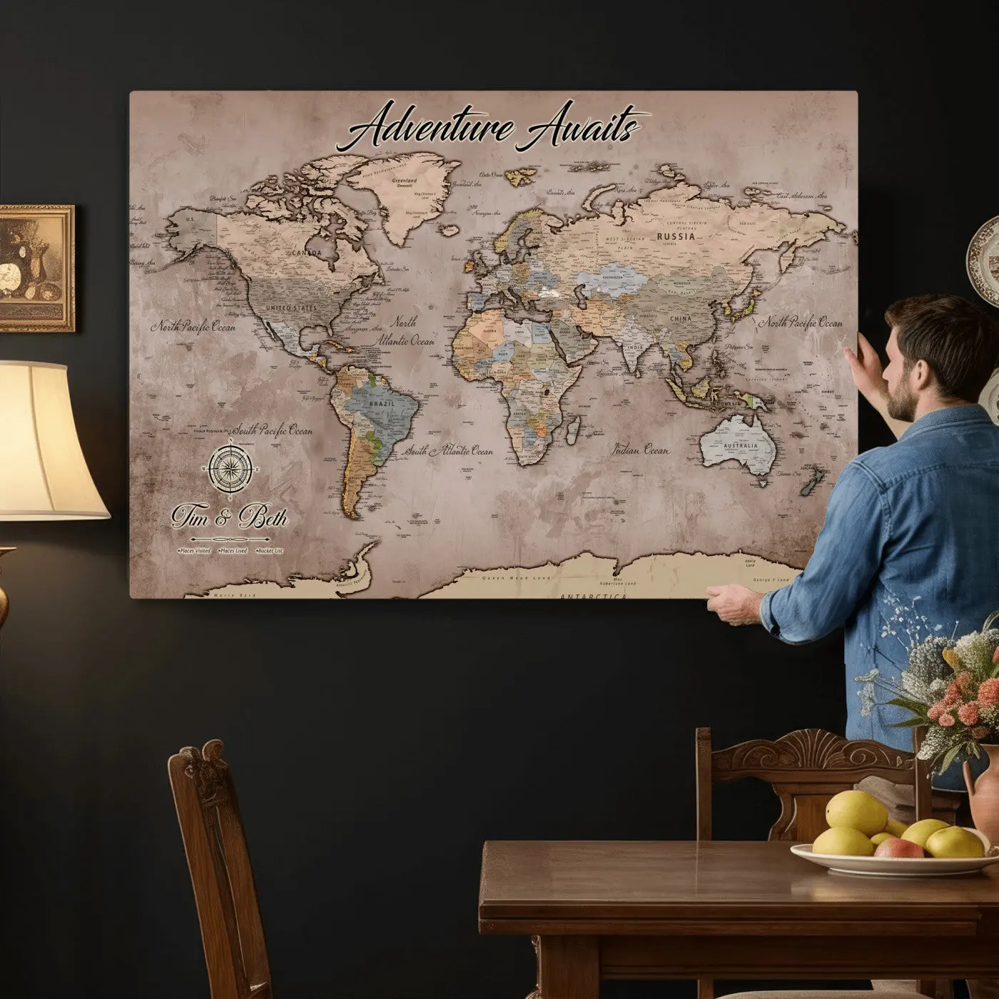 Customizable Push Pin World Map Wall Art Canvas Print - Artistic Interactive Travel Tracker with Durable Pins, Home Decor Gift for Home Supplies Enthusiasts