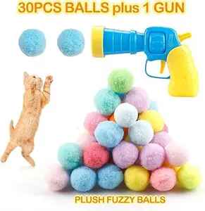 31Pcs Cat Ball Toy Launcher Gun Set, 1 Launcher with 30 Plush Fuzzy Balls, Interactive Fetch Toys for Bored Indoor Adult Cats & Kittens, Funny Kitten Play Toys
