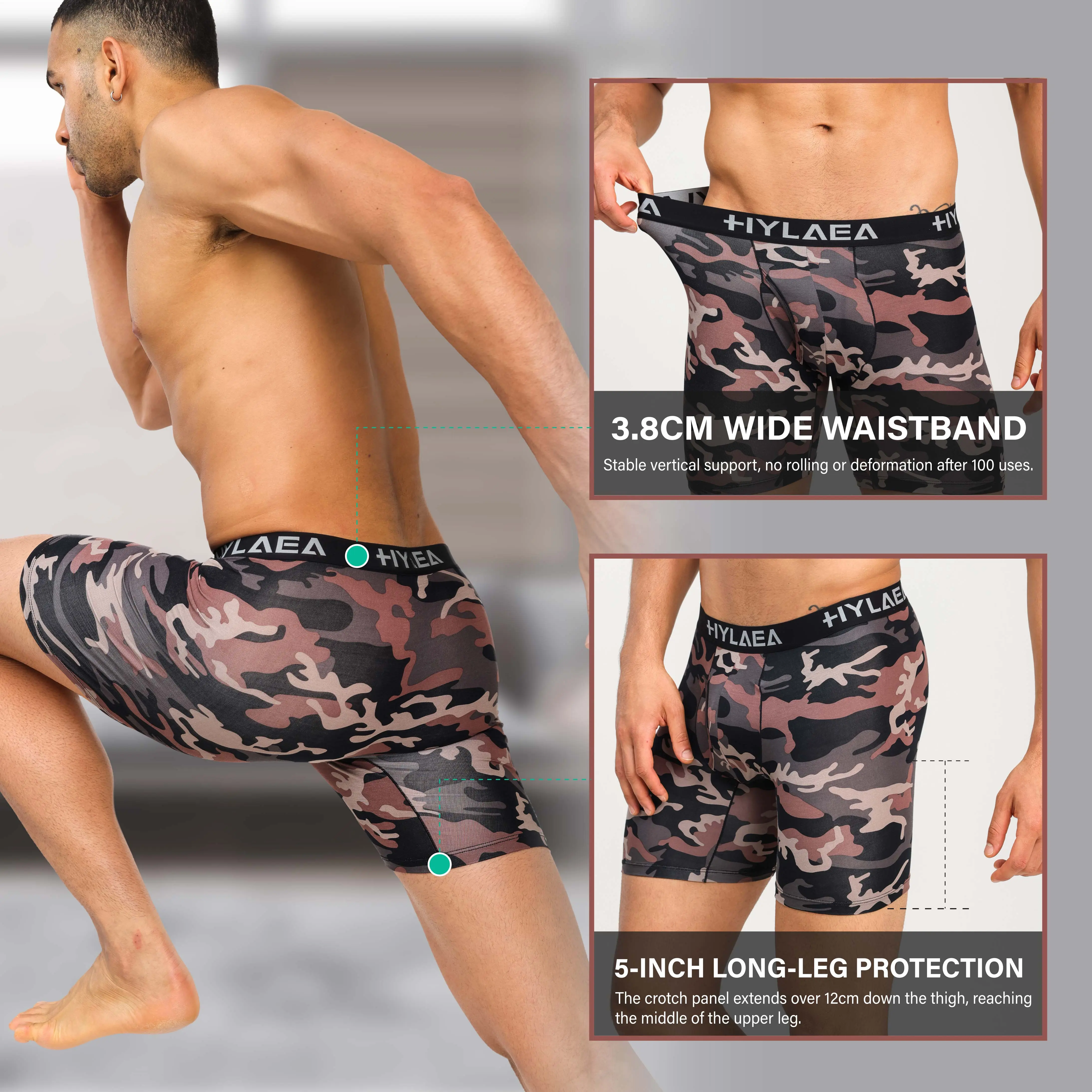 Hylaea Men's Supersoft Bamboo Fiber Camo Boxer Briefs - 5 in Long Leg, Anti-Chafing, Breathable, Antibacterial Athletic Boxers Briefs for Gym, Biking (Camo, Black, Blue, Gray Assortment)