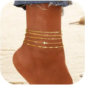 YADOCA Plated Gold Ankle Bracelets,14 K Plated Gold Waterproof Stainless Steel Cuban Link Chain Ankle Set Paperclip Figaro Layered Anklets Bracelets for Women Dainty Summer Beach Jewelry 5Pcs
