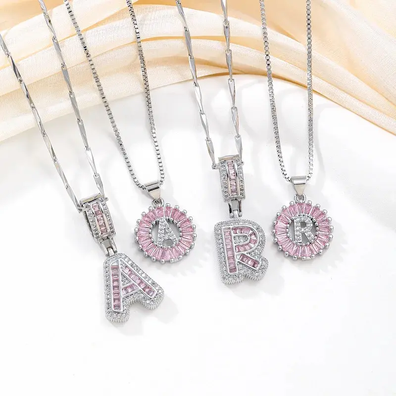 Unisex Initial Necklace - Silver-Plated Pink Zircon Crystal Letter Pendant, 26 A-Z Initials, Flower Accent, Metal-Coated Elegant Design, Necklaces for Women, Ideal for Gifting
