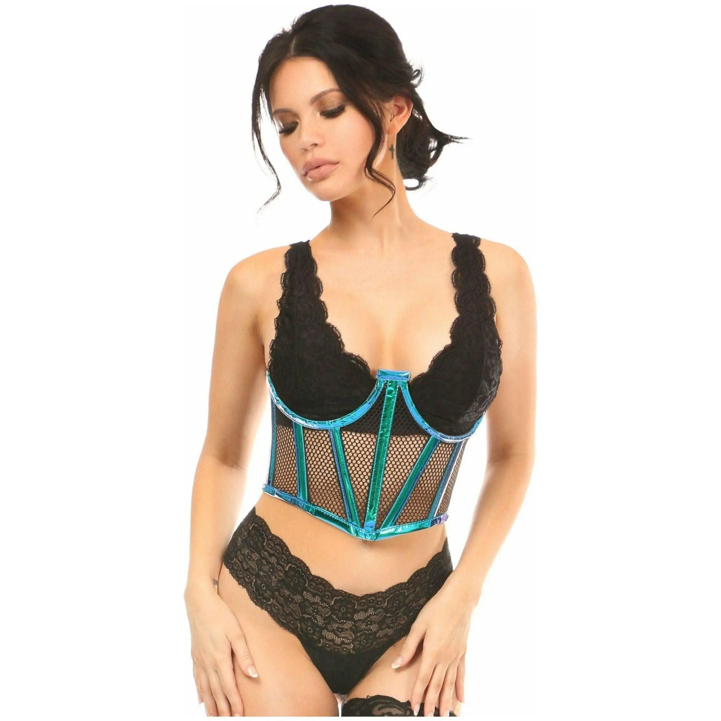 Lavish Blue/Teal Holo & Fishnet Underwire Waist Cincher Corset