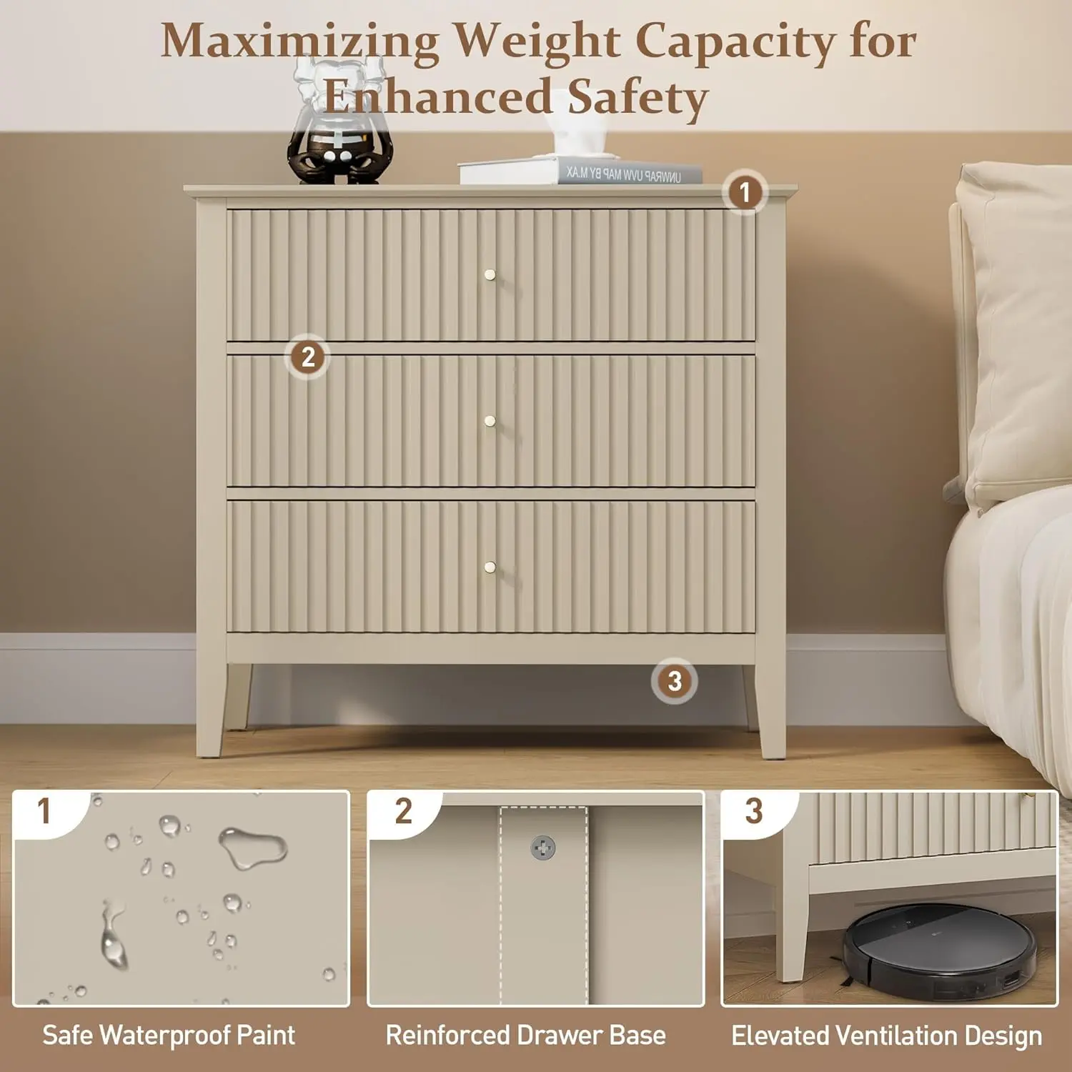 RoyalCraft Large 3 Drawer Dresser Set of 2, Fluted Wood Drawers for  Bedroom, Modern Painted 30 inch Wide Nightstand for Bedroom, Entryway,  Beige - TikTok Shop