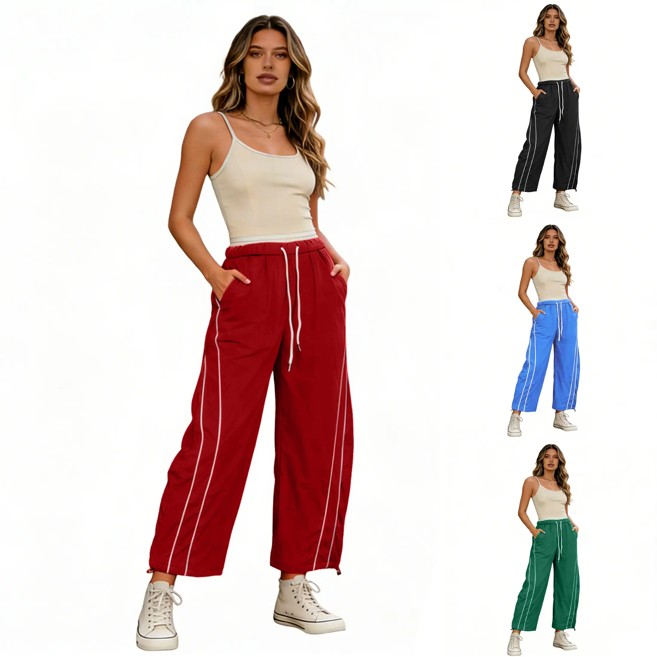 Naeduo Women's Wide Leg Track Pants - 100% Nylon Activewear Bottom, Barrel Silhouette, Drawstring Waist, Lightweight, Adjustable Hem, Spring Casual Hiking Athletic Sweatpants, True Size