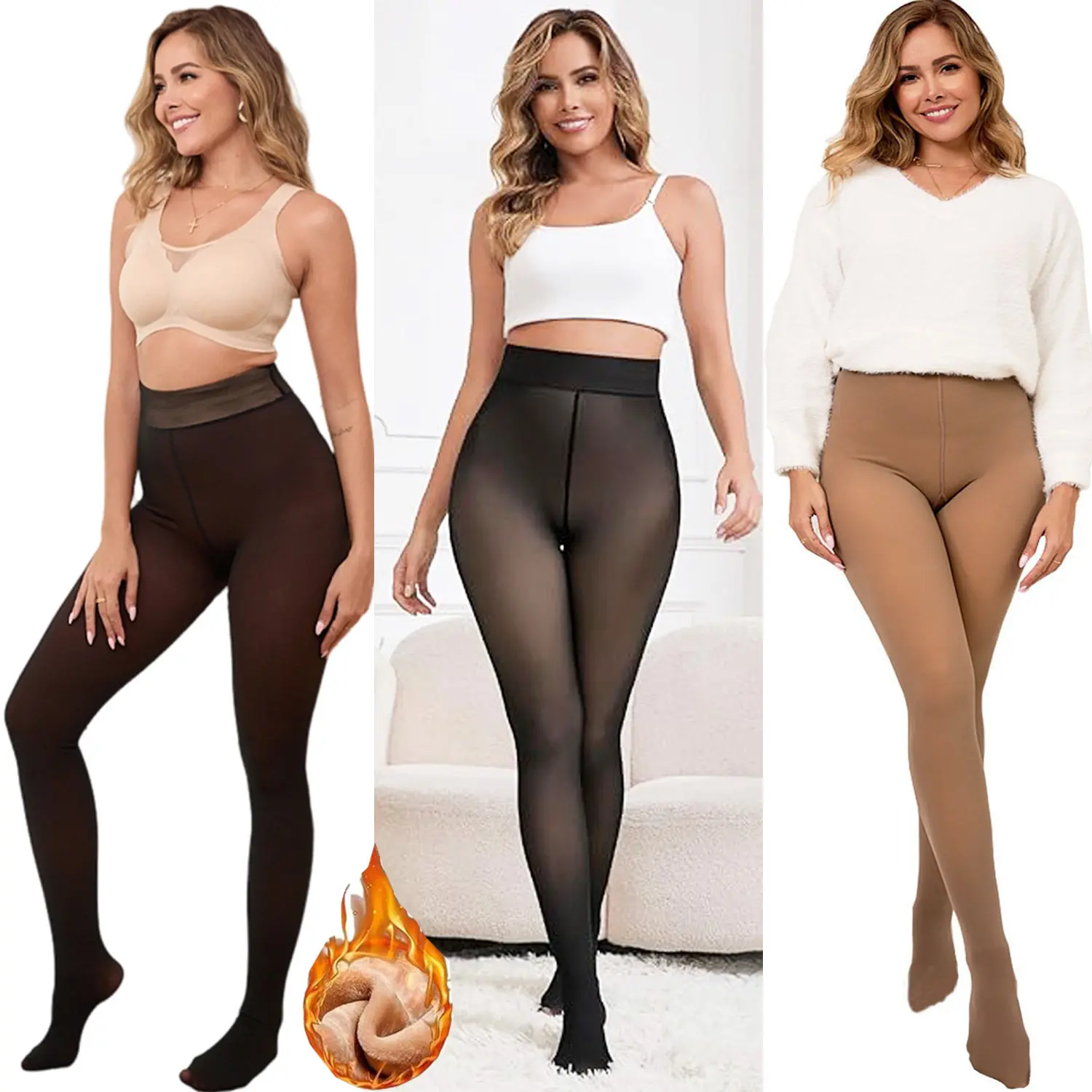Plus Size Fleece Lined Tights for Women, Faux Translucent Thermal Leggings with a Warm, Slimming Sculpt Fit for Winter