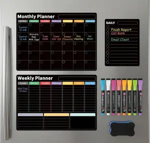 AUVIREC Magnetic Black Calendar for Refrigerator (3-Pack, Ships Flat) - 17"x12" Monthly, Weekly & Daily Planner with Lined Grids - Nano-Tech Dry Erase Fridge Board, 8 Neon Liquid Chalk Markers