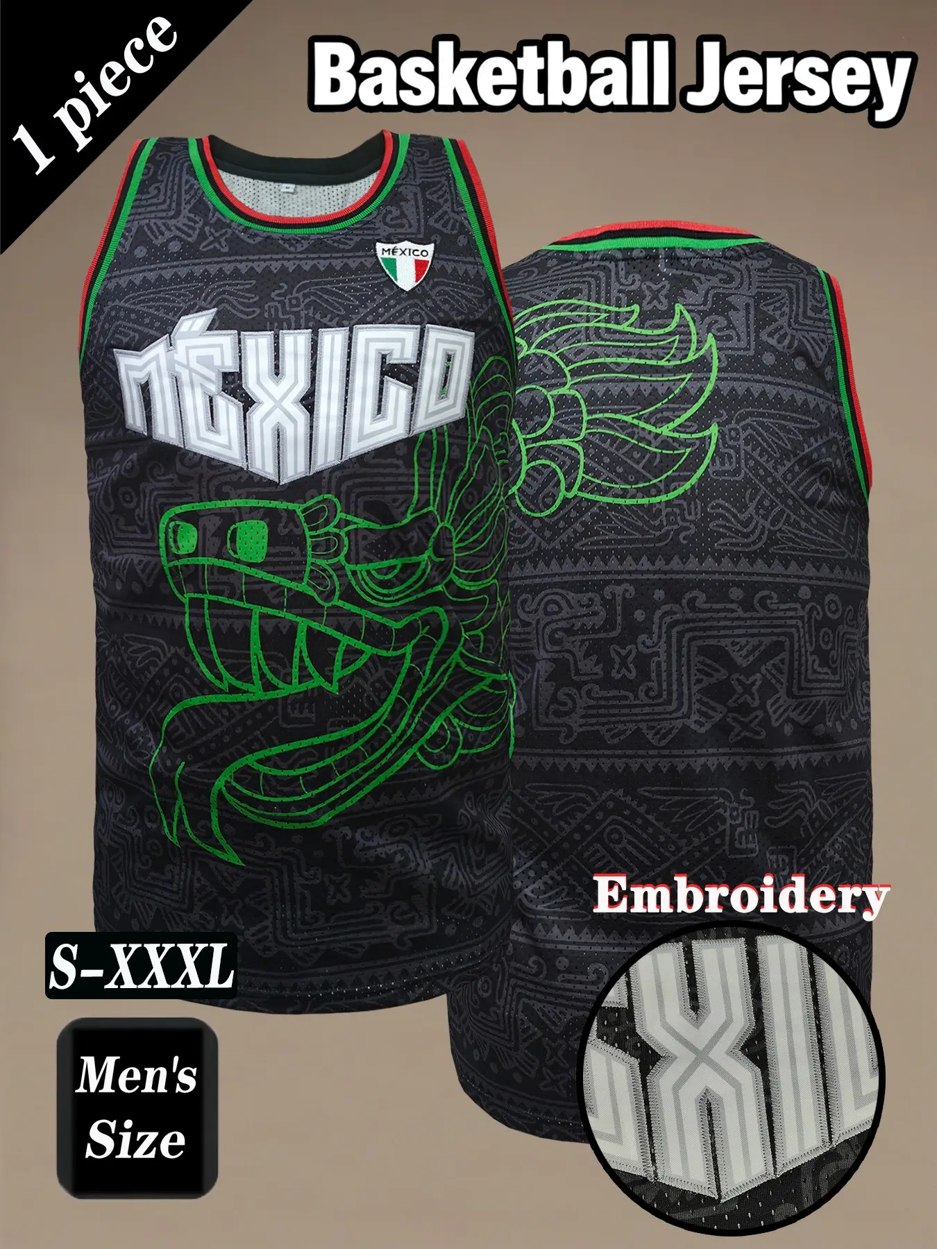 Men's Vintage Design Throwback Basketball Jersey, Mexico Embroidered Sportswear, Loose Breathable Fabric Sleeveless Vest, Casual Outdoor Activities, All Seasons, Breathable Top, Breathable Athletic Top, Embroidery Sportswear