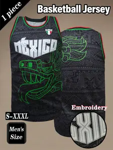 Men's Vintage Design Basketball Jersey, Mexico Embroidered Sportswear, Loose Breathable Fabric Sleeveless Vest, Casual Outdoor Activities, All Seasons